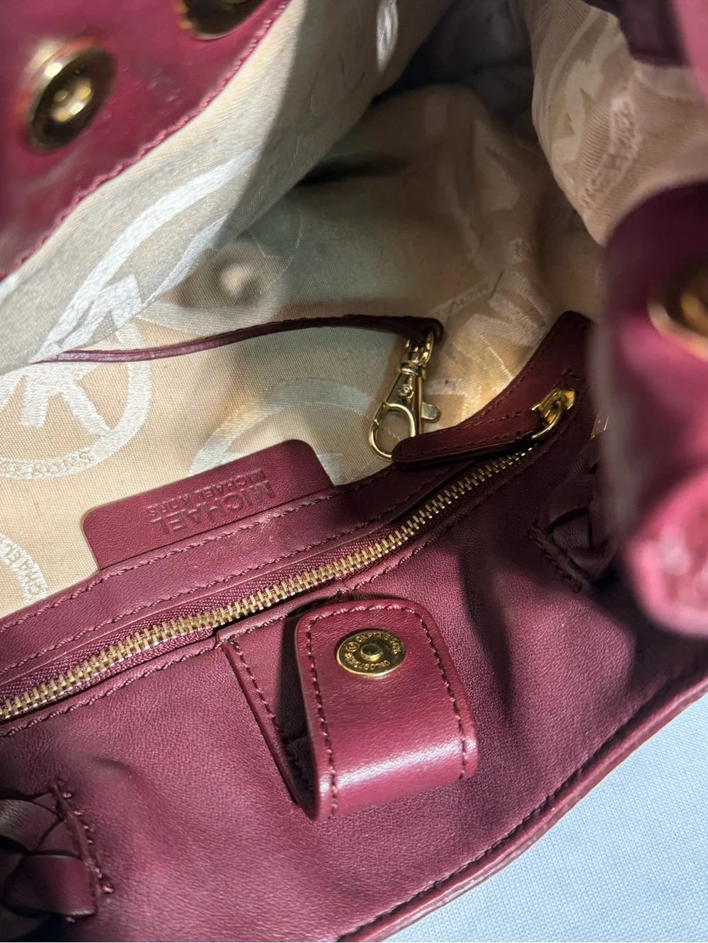 Michael Kors Burgundy Leather Braided Grommet Tassel Shoulder Bag Gold Hardware
